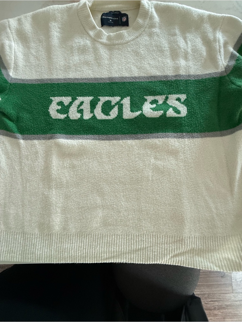 Abercrombie & Fitch White Crewneck Sweater with Green Stripe and 'EAGLES'